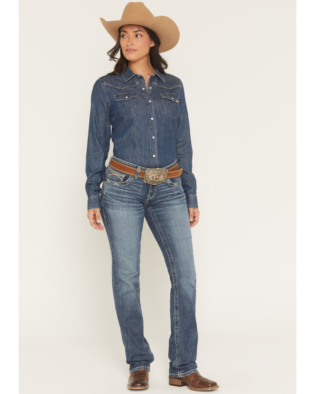 Ariat Women's Estelle Medium Wash Mid Rise Straight Stretch Denim Jeans, Medium Wash, hi-res