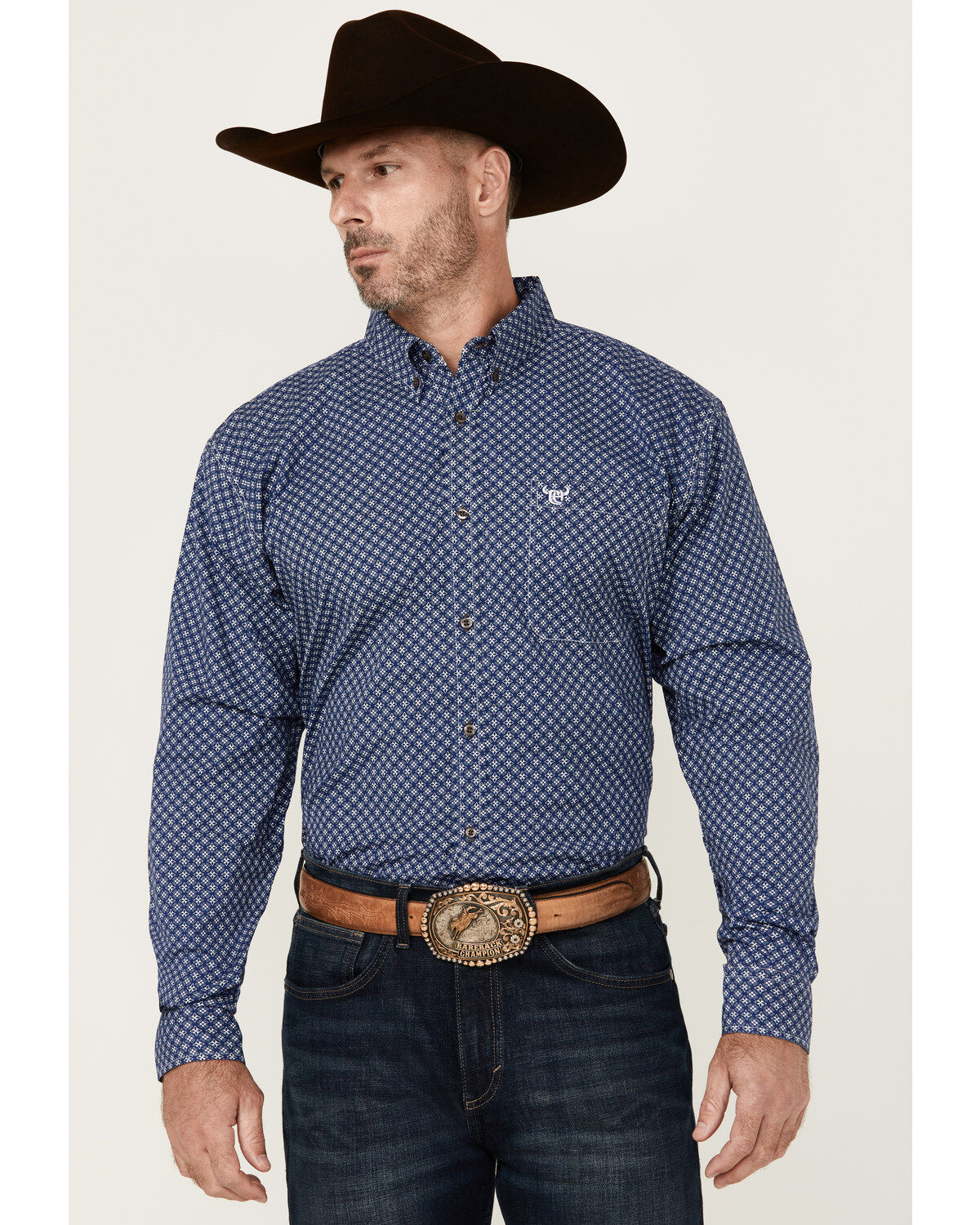 Image #1 - Cowboy Hardware Men's Cross Floral Print Long Sleeve Button-Down Stretch Western Shirt, Navy, hi-res