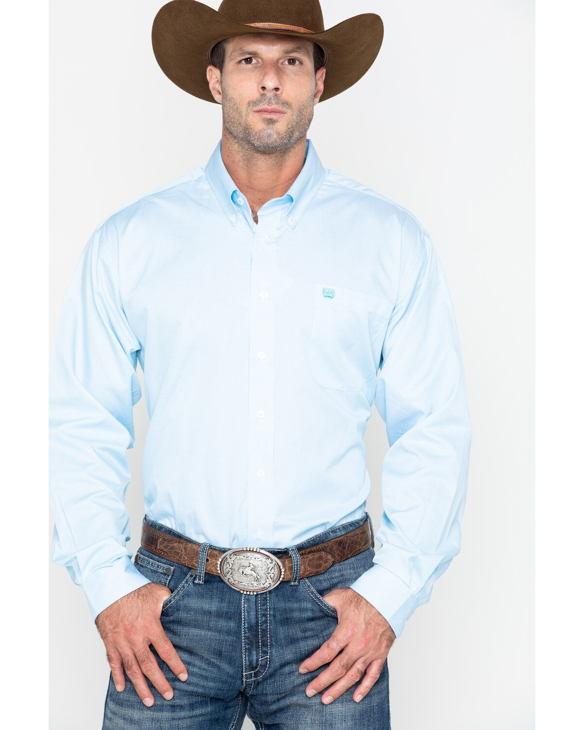Image #1 - Cinch Men's Striped Print Tencel Long Sleeve Button-Down Western Shirt - Big, Light Blue, hi-res