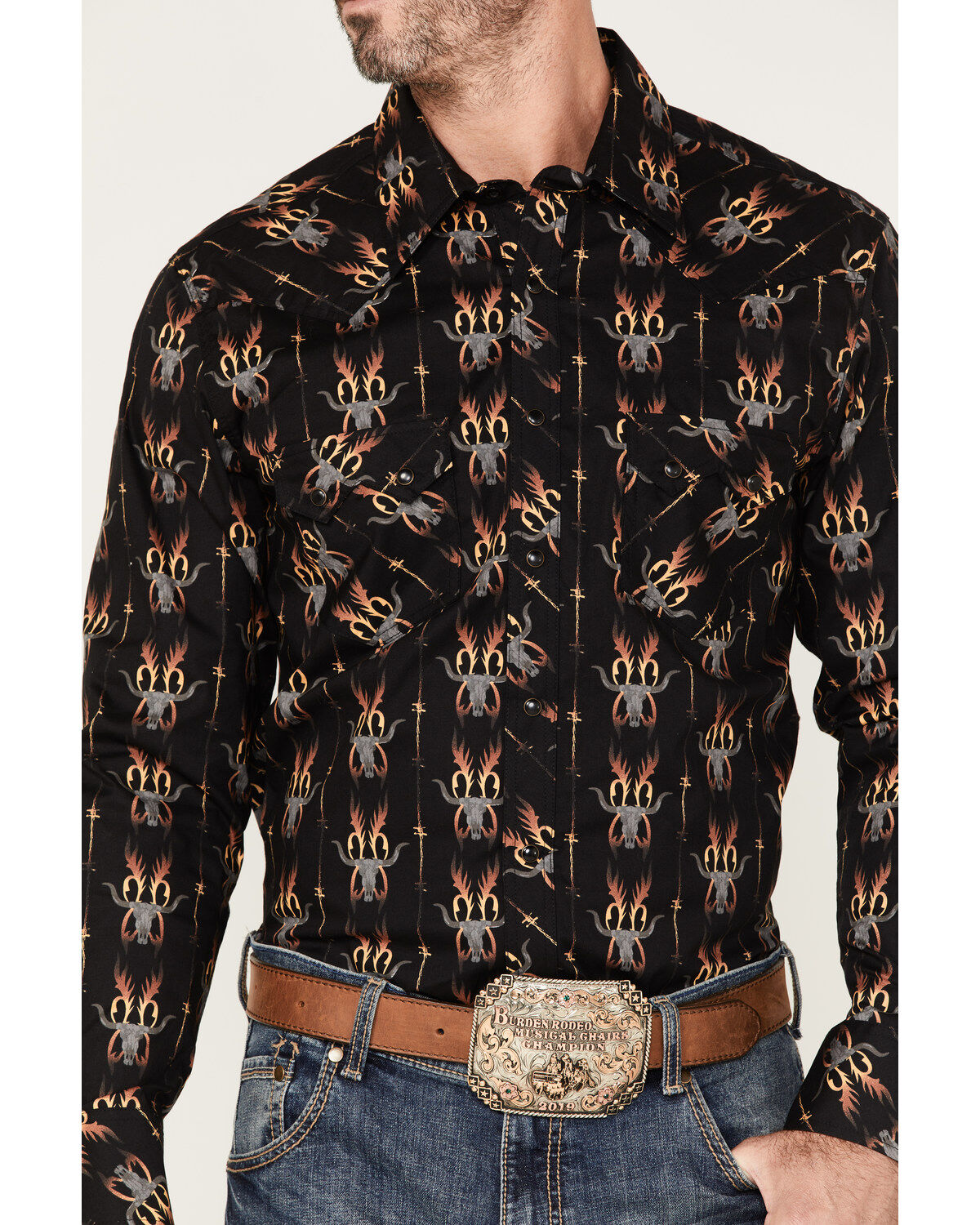Image #3 - Dale Brisby Men's Antler Bull Skull Print Long Sleeve Snap Stretch Western Shirt, Black, hi-res