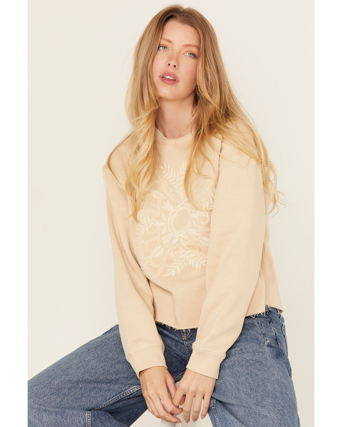 Cleo + Wolf Women's Floral Embroidered Long Sleeve Pullover, Oatmeal, hi-res