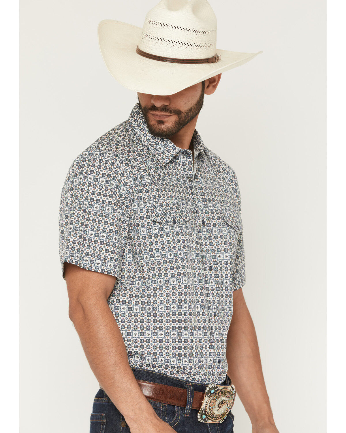 Image #2 - Gibson Trading Co Men's haven Geo Print Short Sleeve Snap Western Shirt - Tall, Light Blue, hi-res
