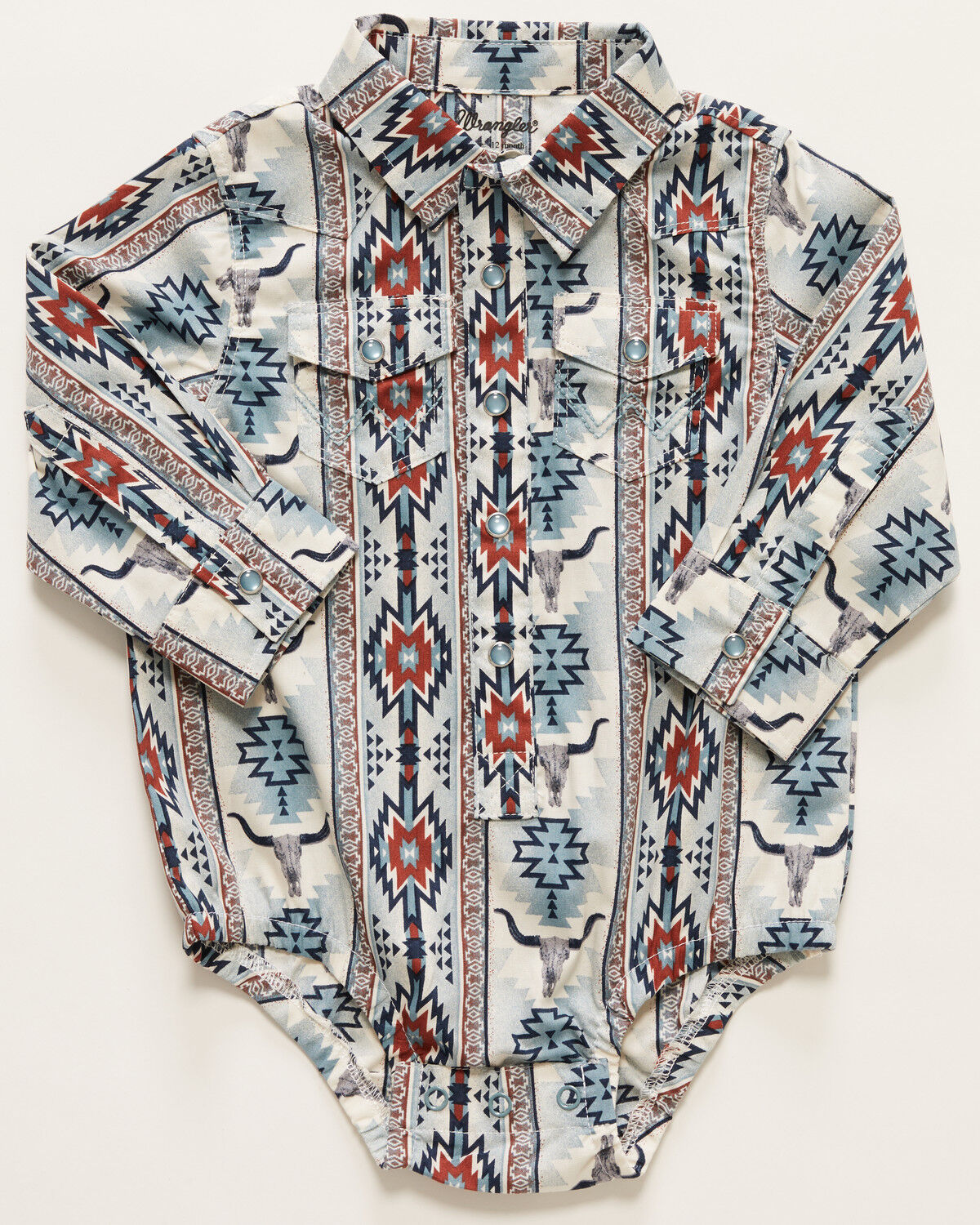 Wrangler Infant Boys' Southwestern Steerhead Print Long Sleeve Snap Western Onesie, Blue, hi-res