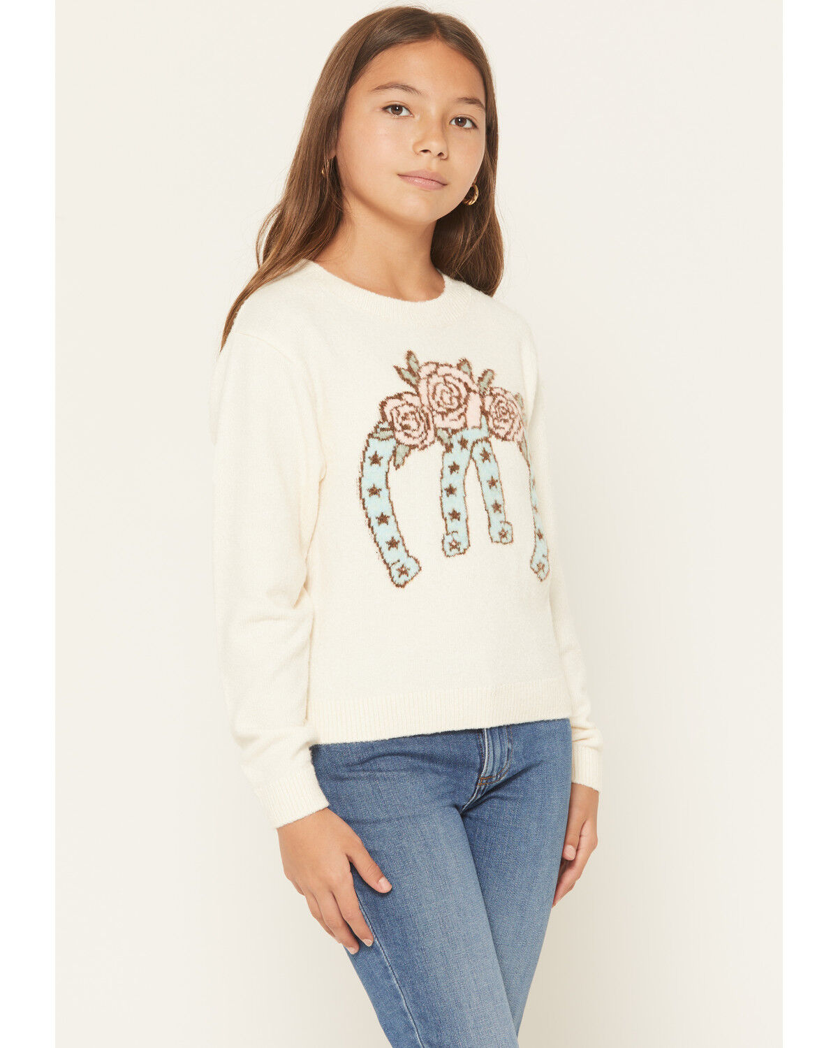 Image #1 - Sugar California Girls' Floral Horseshoe Print Sweater, Cream, hi-res