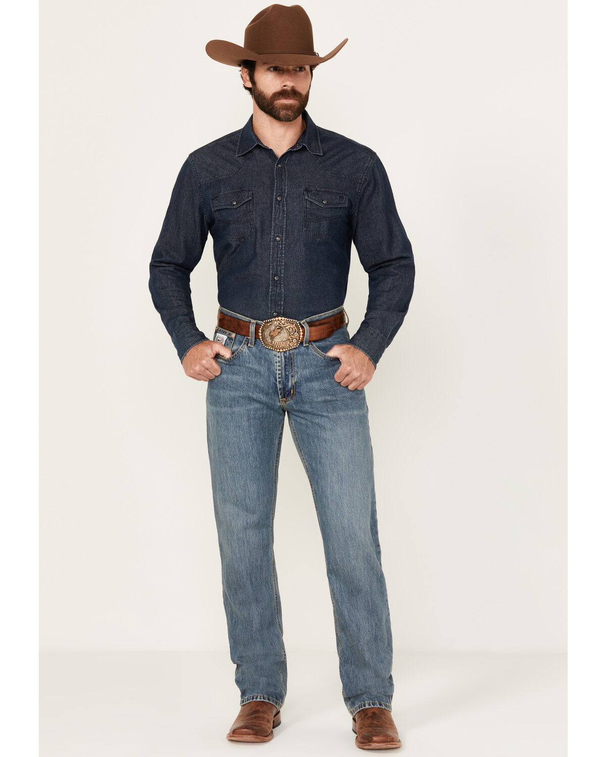 Cinch Men's White Label Relaxed Fit Medium Stonewash Denim Jeans, Blue, hi-res