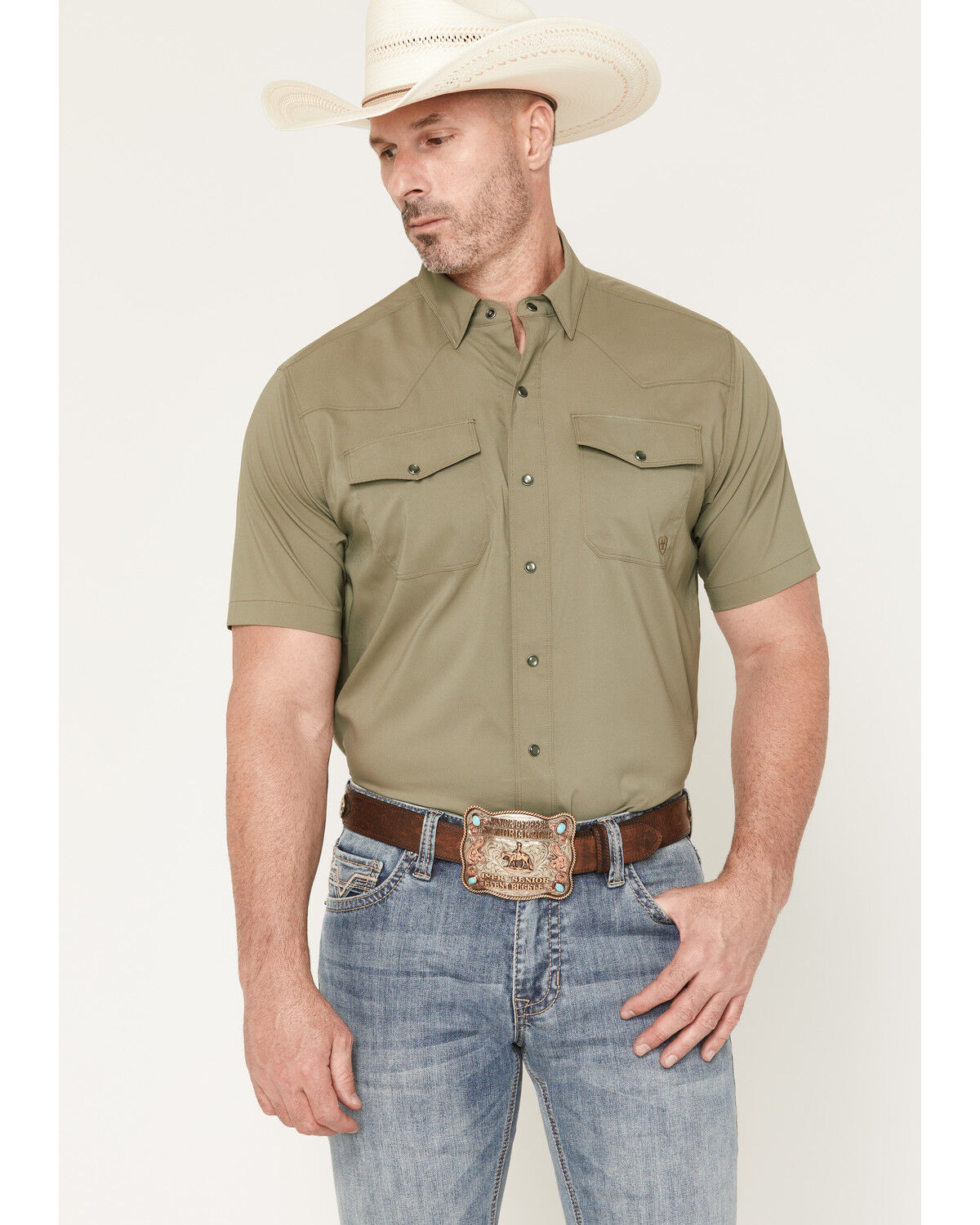 Ariat Men's VentTEK&trade; Solid Short Sleeve Snap Performance Shirt, Olive, hi-res