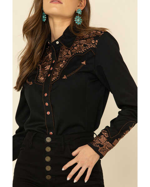 Image #3 - Scully Women's Floral Embroidered Long Sleeve Western Shirt, Black, hi-res