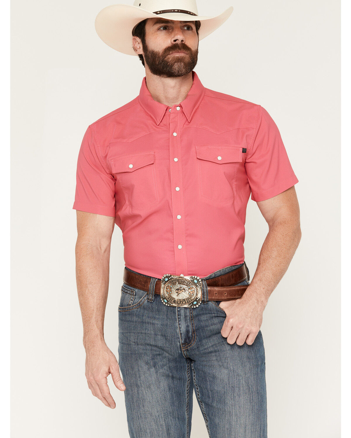 Rock & Roll Denim Men's Tek Solid Short Sleeve Snap Stretch Western Shirt, Hot Pink, hi-res
