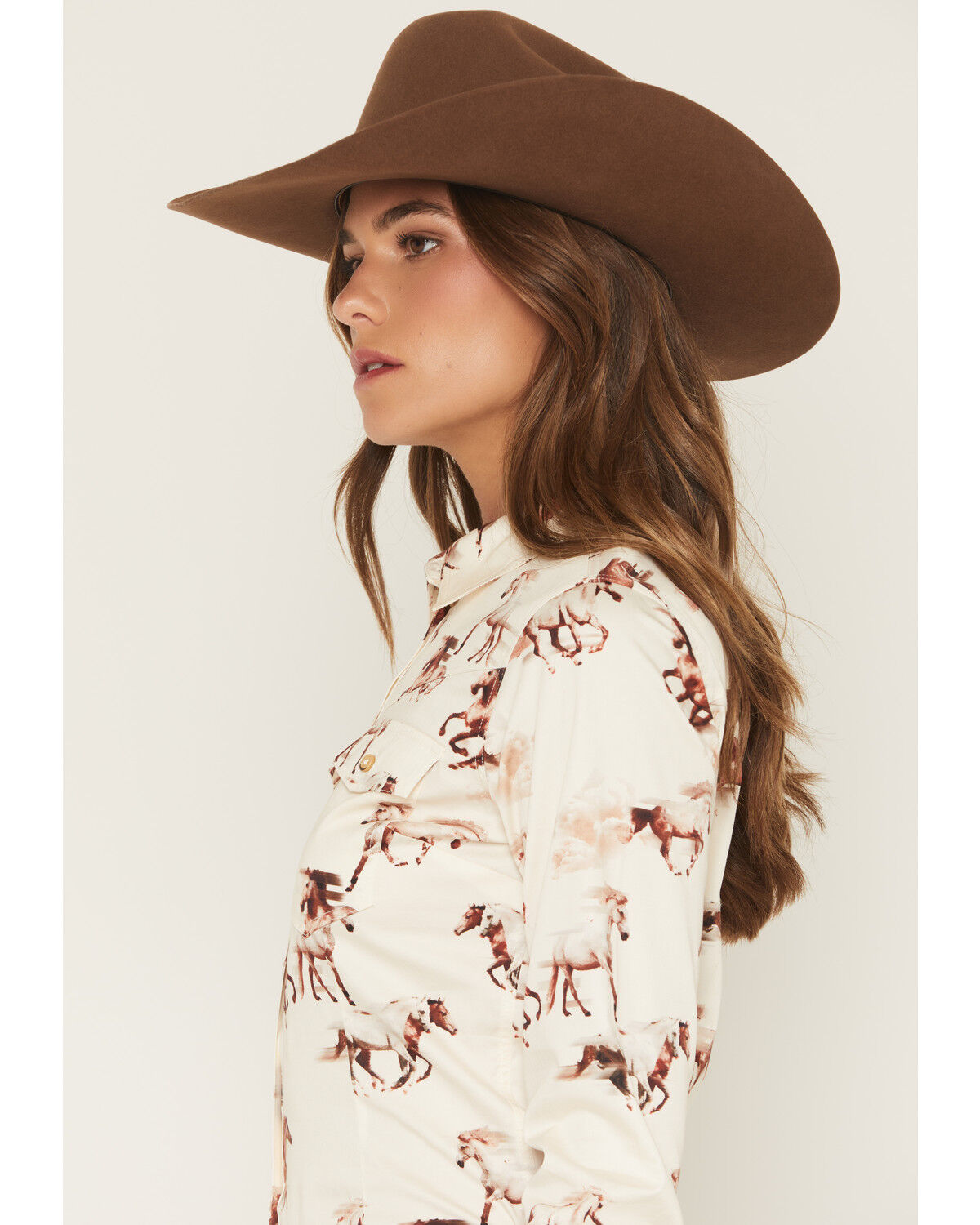 Image #2 - Shyanne Women's Horse Print Long Sleeve Button-Down Stretch Western Shirt, Cream, hi-res