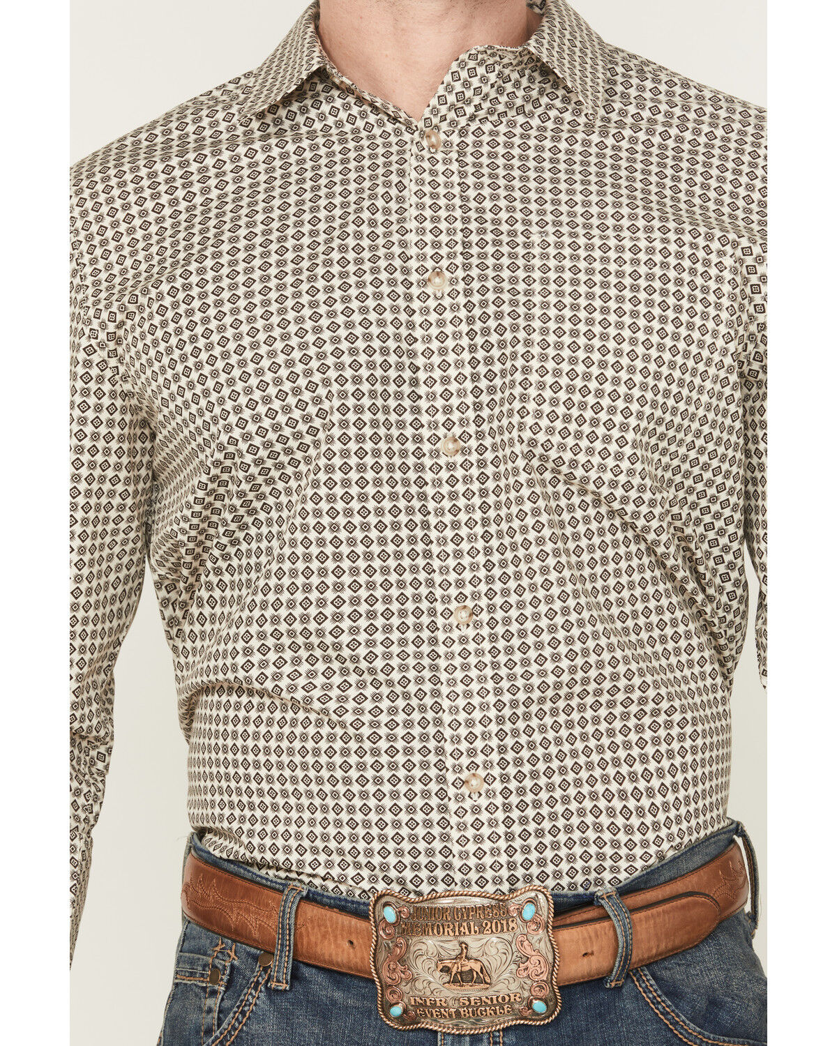 Image #3 - Gibson Trading Co Men's Bullseye Geo Print Long Sleeve Button-Down Western Shirt - Tall, Ivory, hi-res