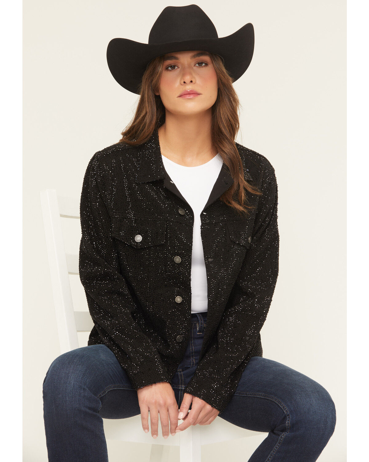 Image #1 - Daniel Diamond Women's Cash Embellished Denim Jacket, Black, hi-res