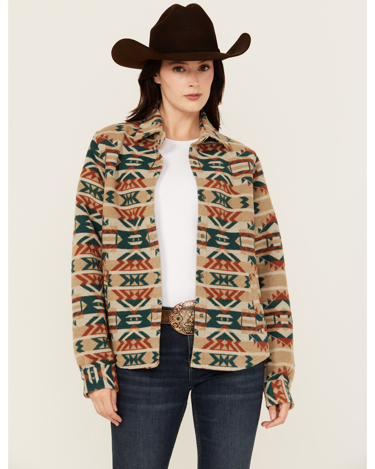 Image #1 - Outback Trading Co Women's Daphne Southwestern Snap Shacket, Cream, hi-res