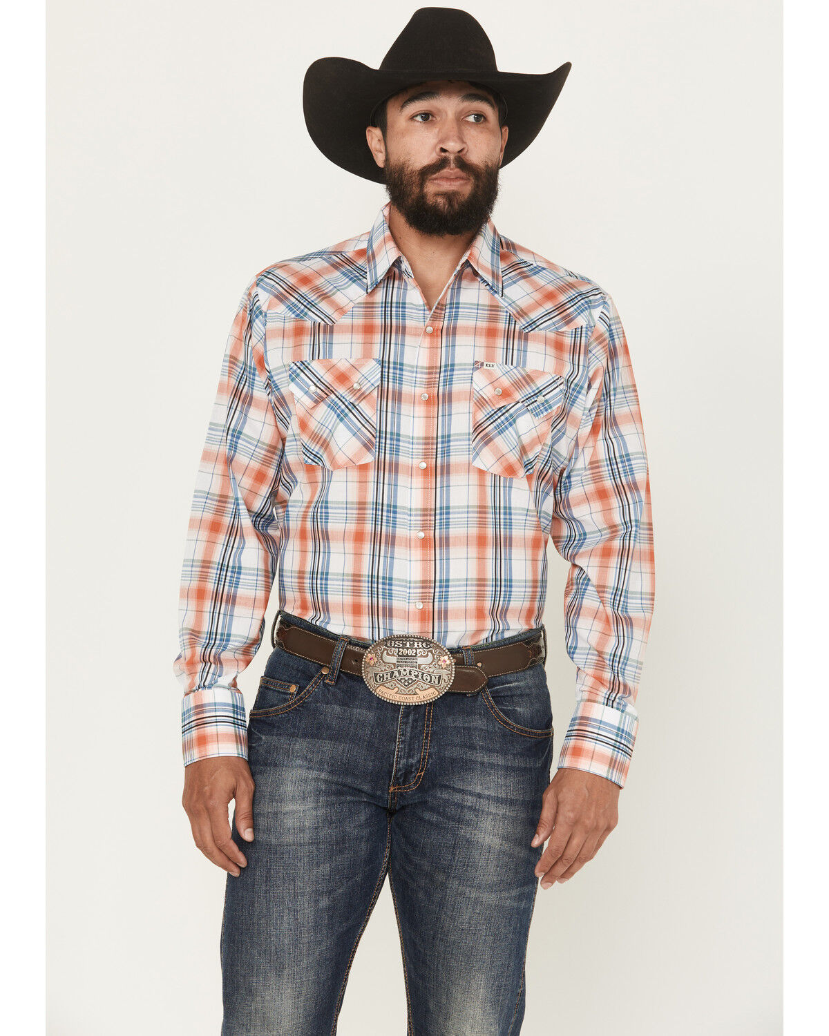 Ely Walker Men's Plaid Print Long Sleeve Pearl Snap Western Shirt, Orange, hi-res
