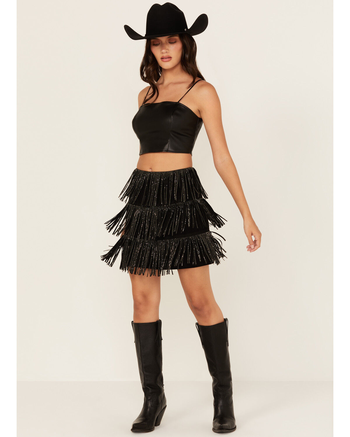 Image #1 - Fornia Women's Rhinestone Fringe Faux Suede Mini Skirt, Black, hi-res