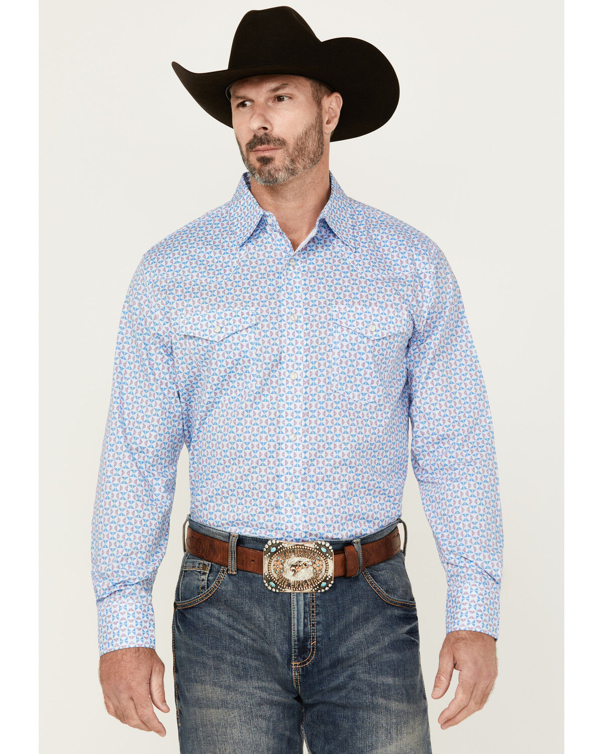 Image #1 - Wrangler 20X Men's Geo Print Long Sleeve Snap Stretch Western Shirt, Blue, hi-res