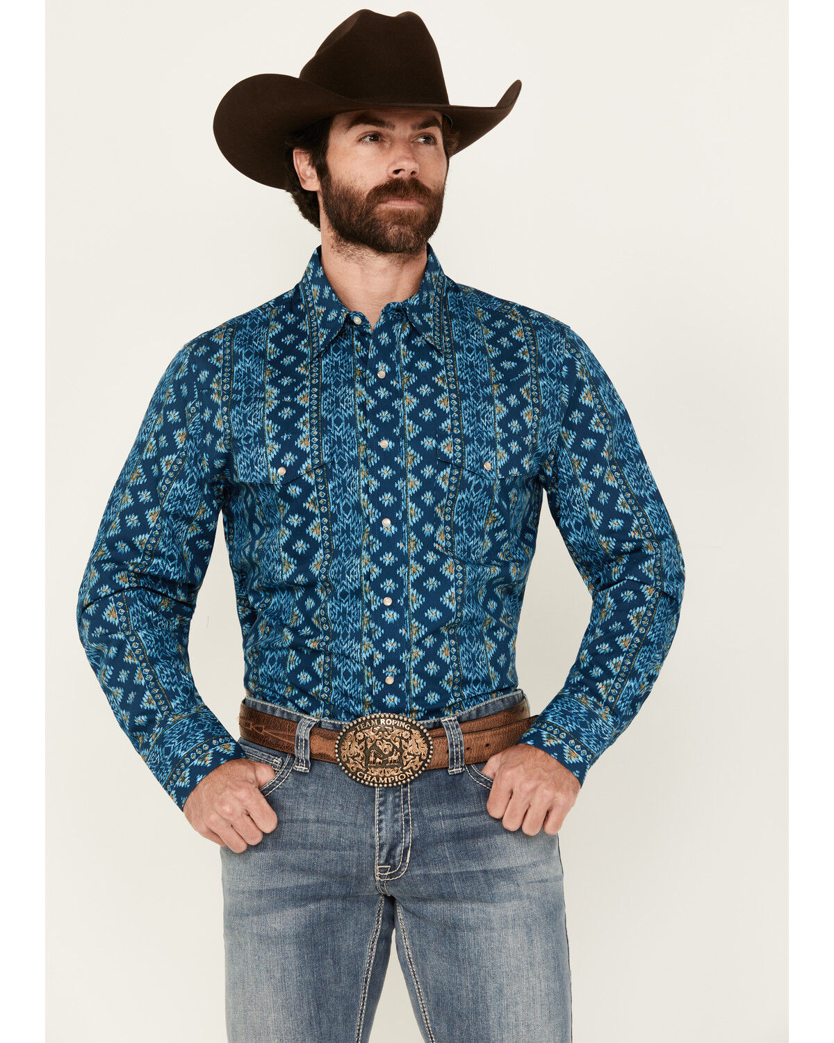 Image #1 - Wrangler Men's Checotah Southwestern Striped Long Sleeve Pearl Snap Western Shirt - Big, Blue, hi-res