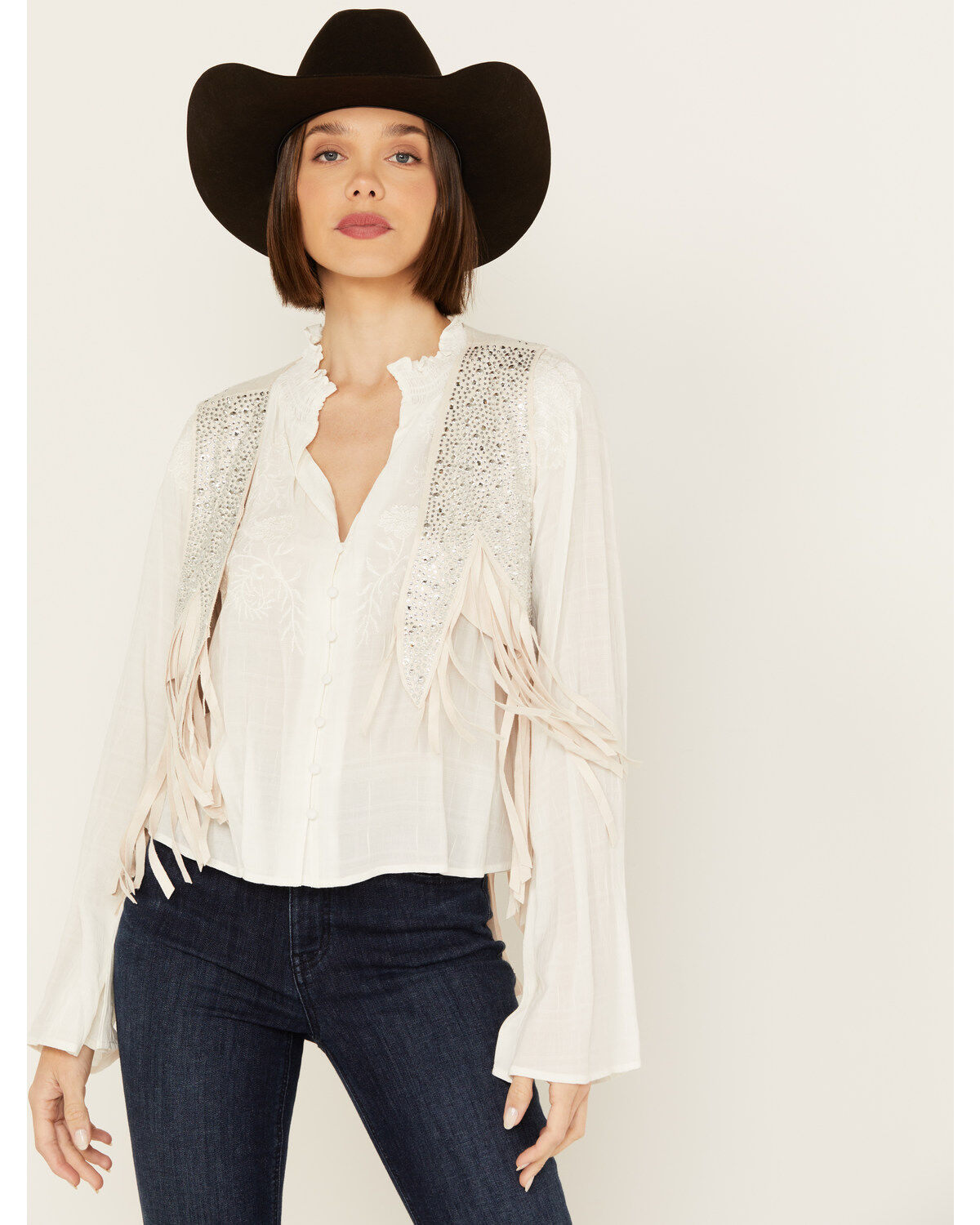 Image #1 - Vocal Women's Rhinestone Cropped Faux Suede Vest, Natural, hi-res