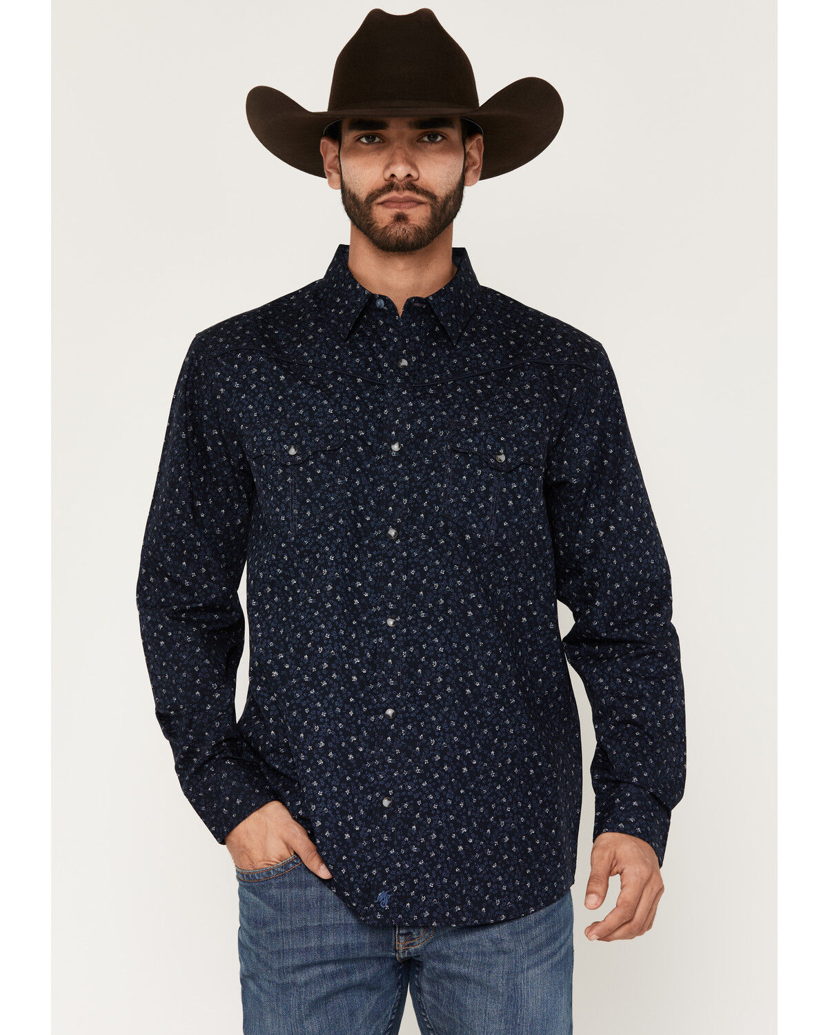 Image #1 - Moonshine Spirit&reg; Men's Wrangler Micro Floral Long Sleeve Snap Western Shirt, Navy, hi-res