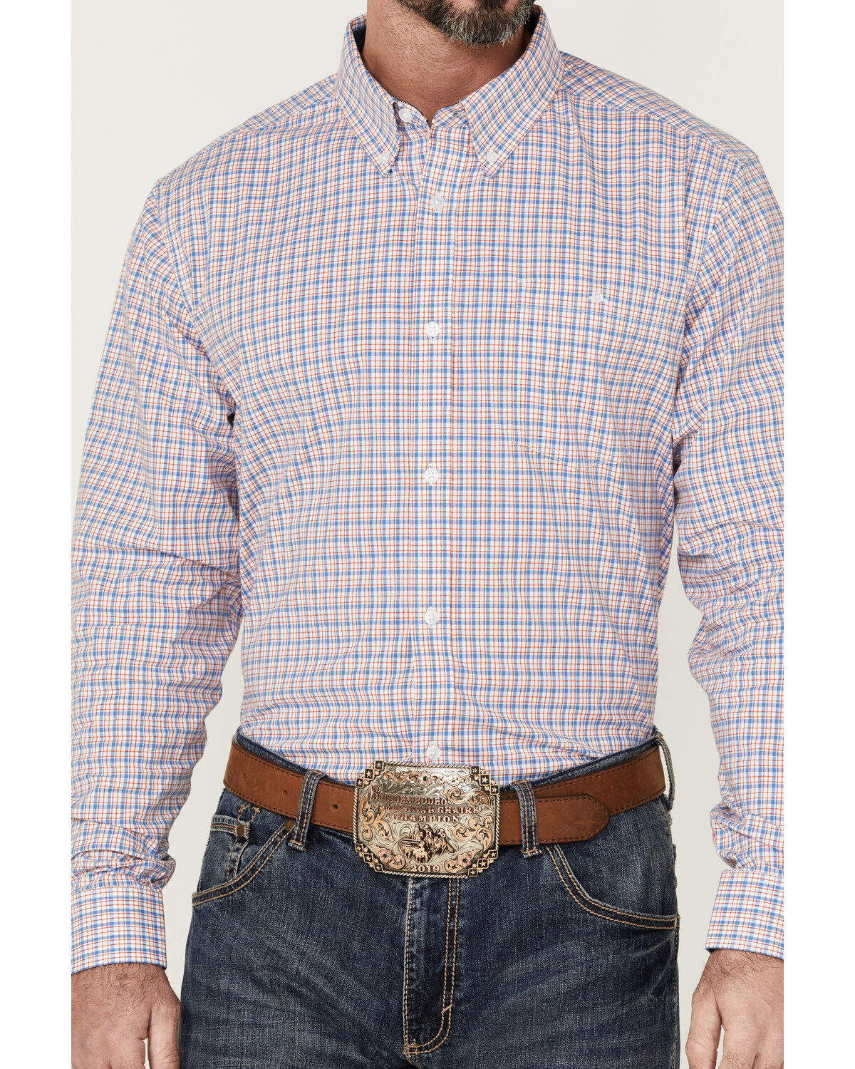 Image #3 - RANK 45&reg; Men's Bronc Small Plaid Print Long Sleeve Button-Down Western Shirt, Red/white/blue, hi-res