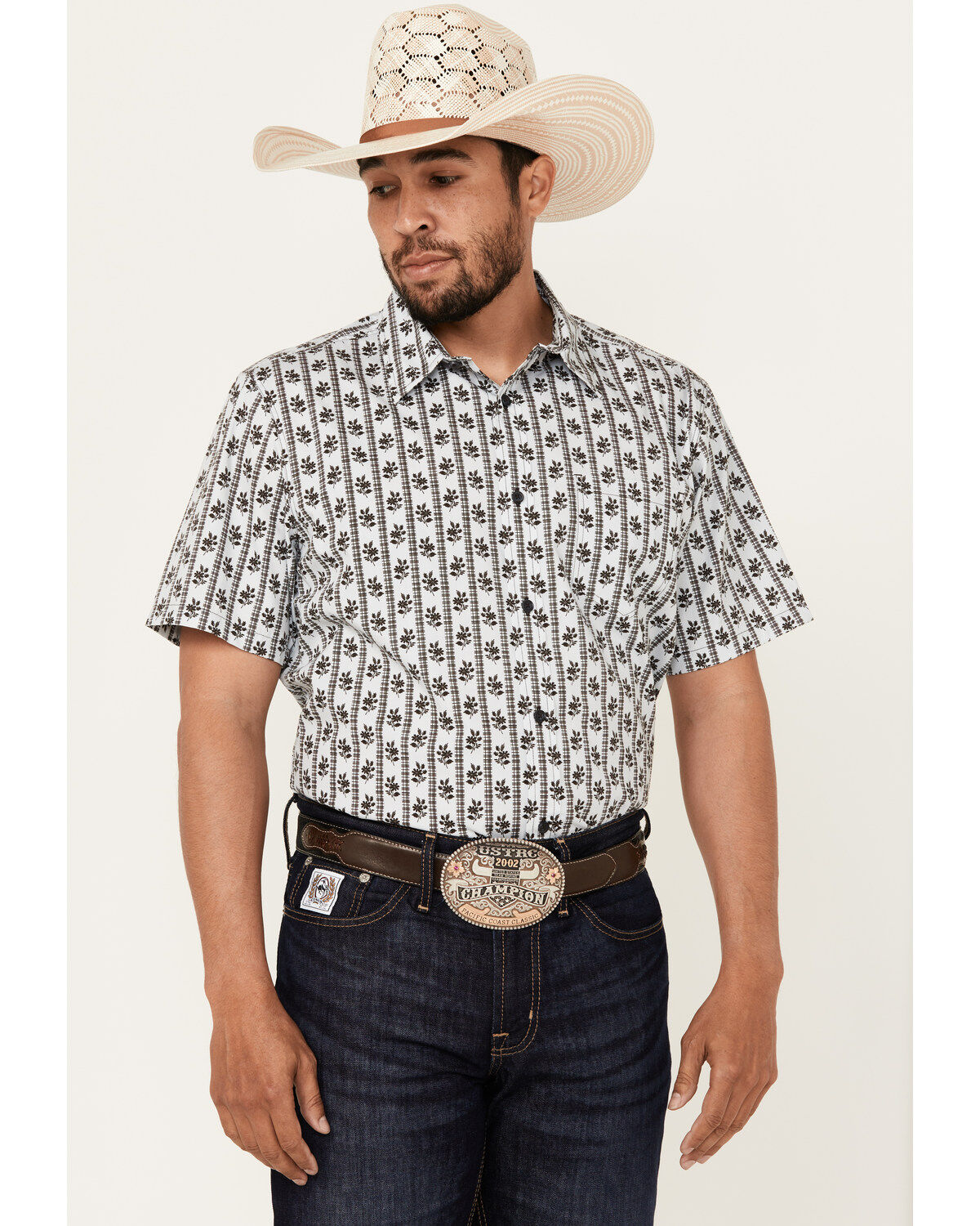 Image #1 - Gibson Trading Co Talking Stick Vertical Striped Print Short Sleeve Button-Down Western Shirt, Light Blue, hi-res