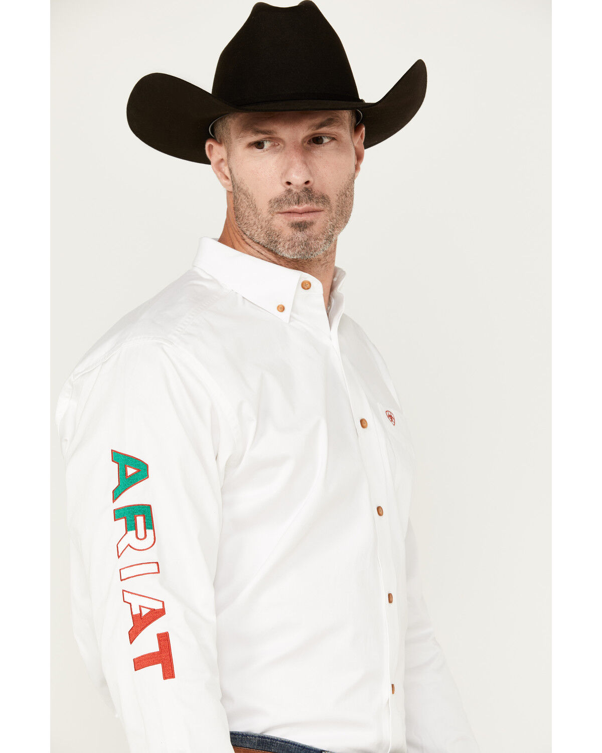 Ariat Men's Team Mexico Logo Twill Classic Fit Long Sleeve Button-Down Western Shirt, White, hi-res
