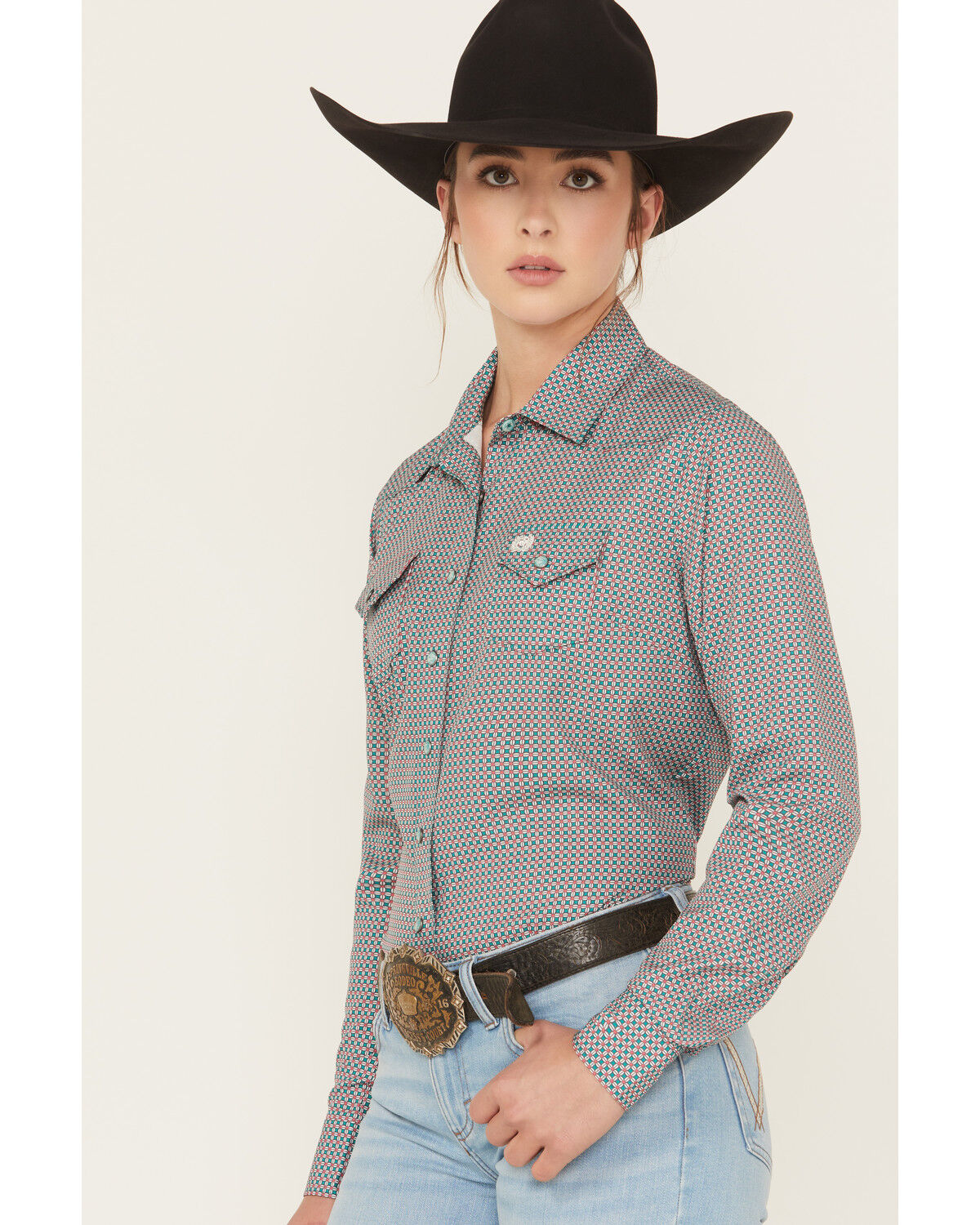 Image #2 - Cinch Women's Geo Print ArenaFlex Long Sleeve Snap Stretch Western Shirt, Green, hi-res