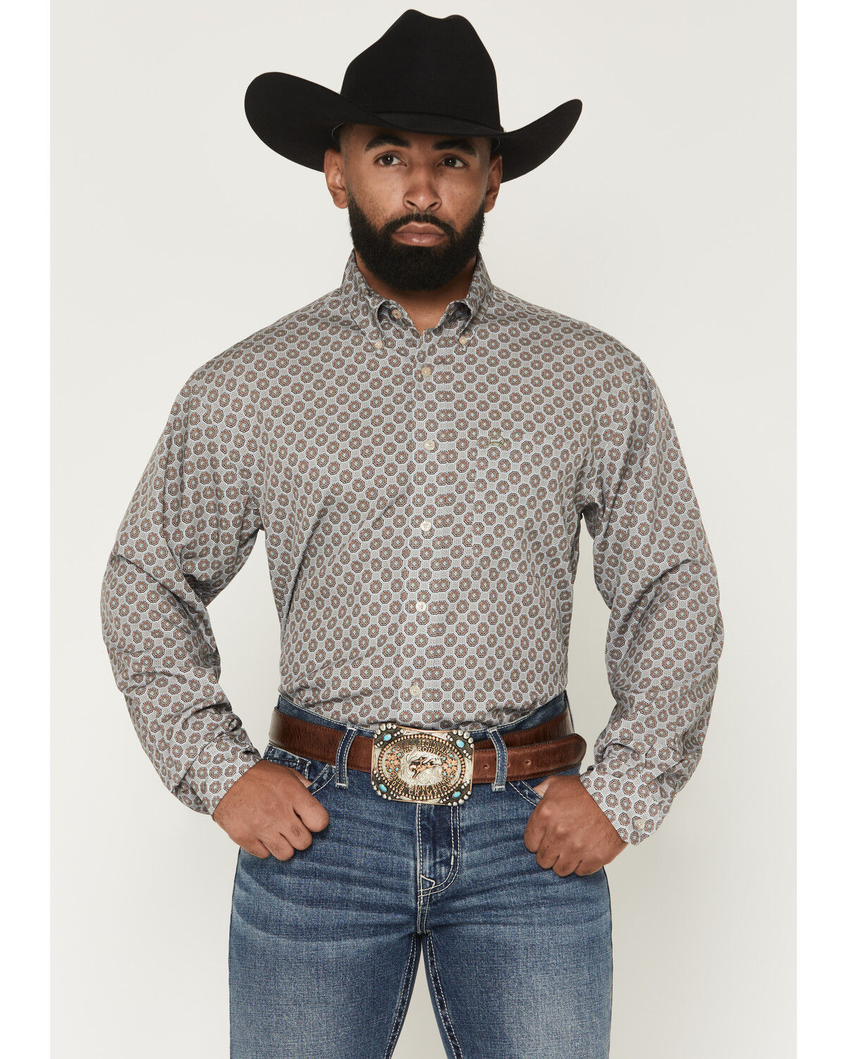 Cinch Men's ARENAFLEX&reg; Geo Print Long Sleeve Button-Down Stretch Western Shirt, Grey, hi-res