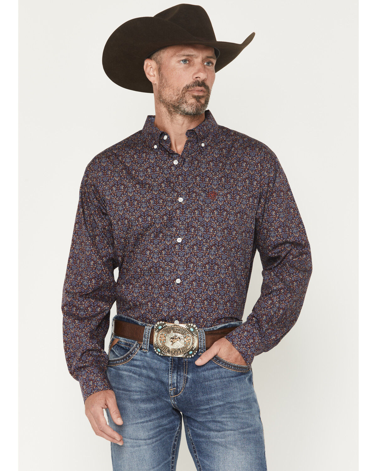 Image #1 - Ariat Men's Wrinkle Free Brendan Floral Print Long Sleeve Button-Down Western Shirt, Blue, hi-res