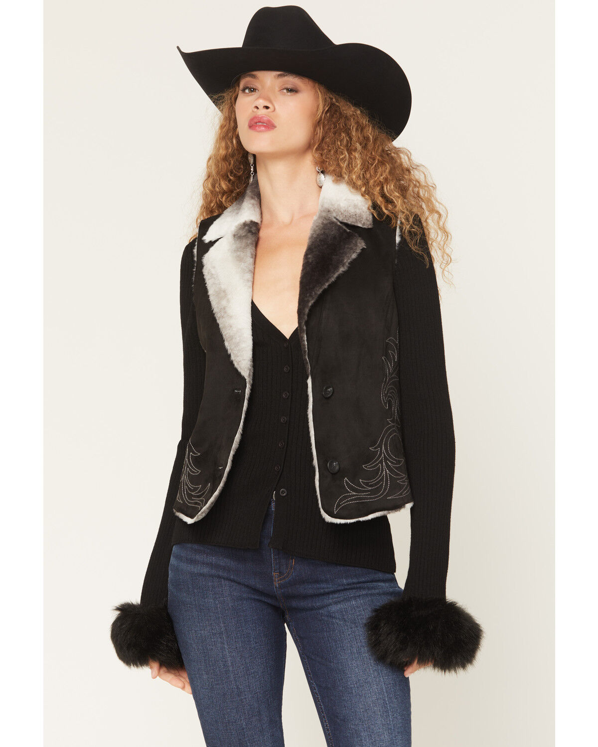 Panhandle Slim Women's Microsuede Embroidered Button-Down Vest, Black, hi-res
