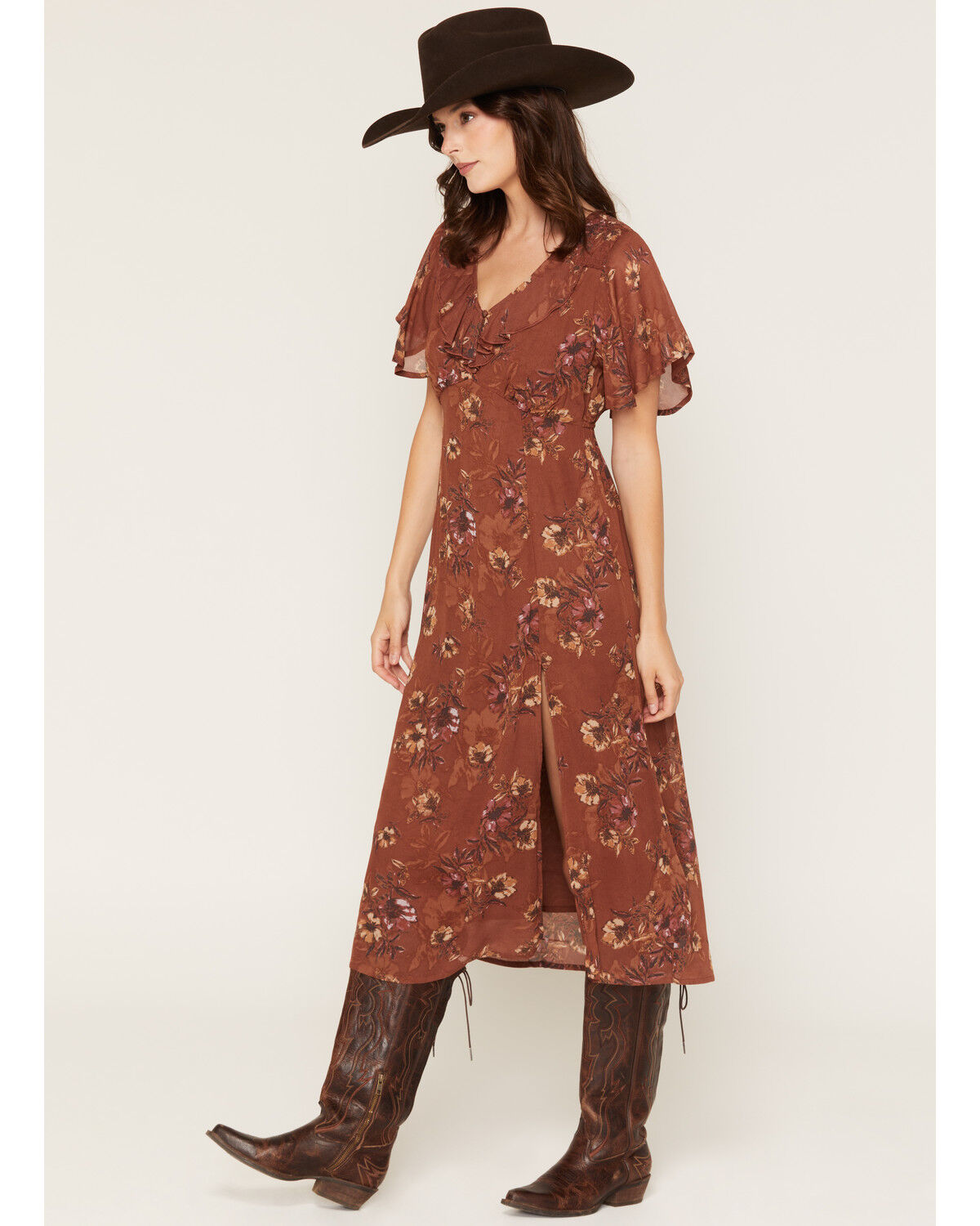 Image #1 - Shyanne Women's Renee Floral Print Short Sleeve Midi Dress, Bark, hi-res