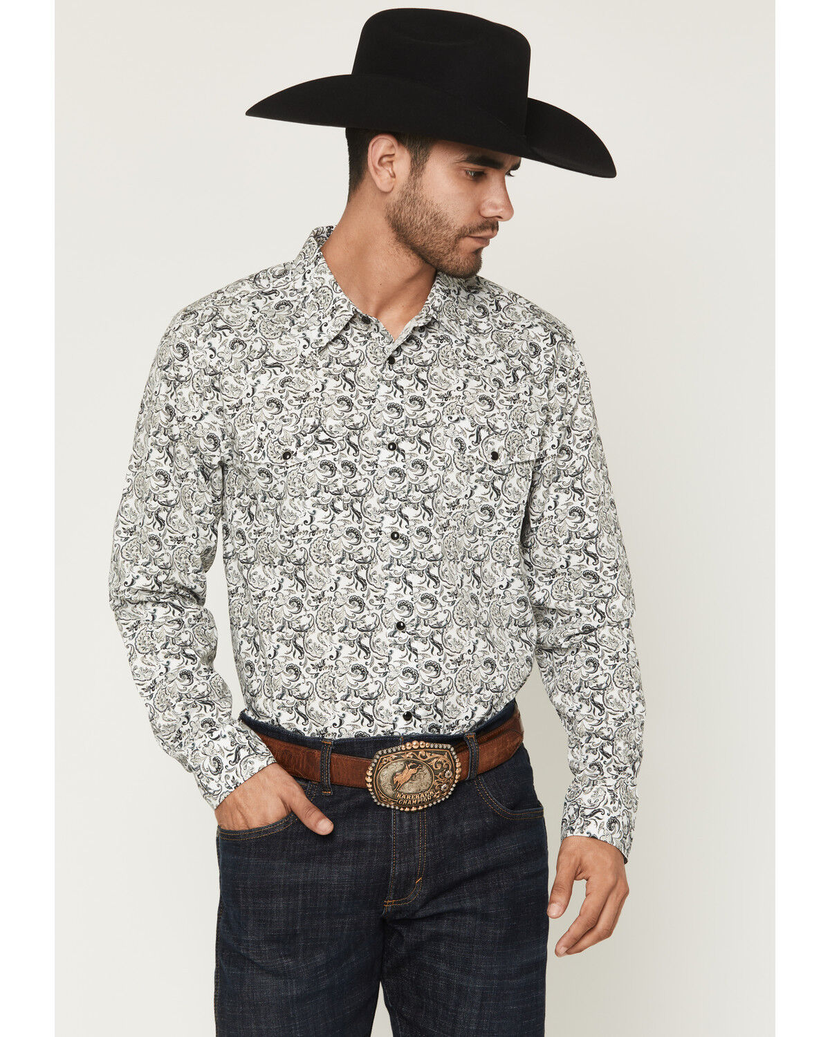 Image #1 - Gibson Trading Co Men's Bone Ridge Paisley Print Long Sleeve Snap Western Shirt - Big, Ivory, hi-res