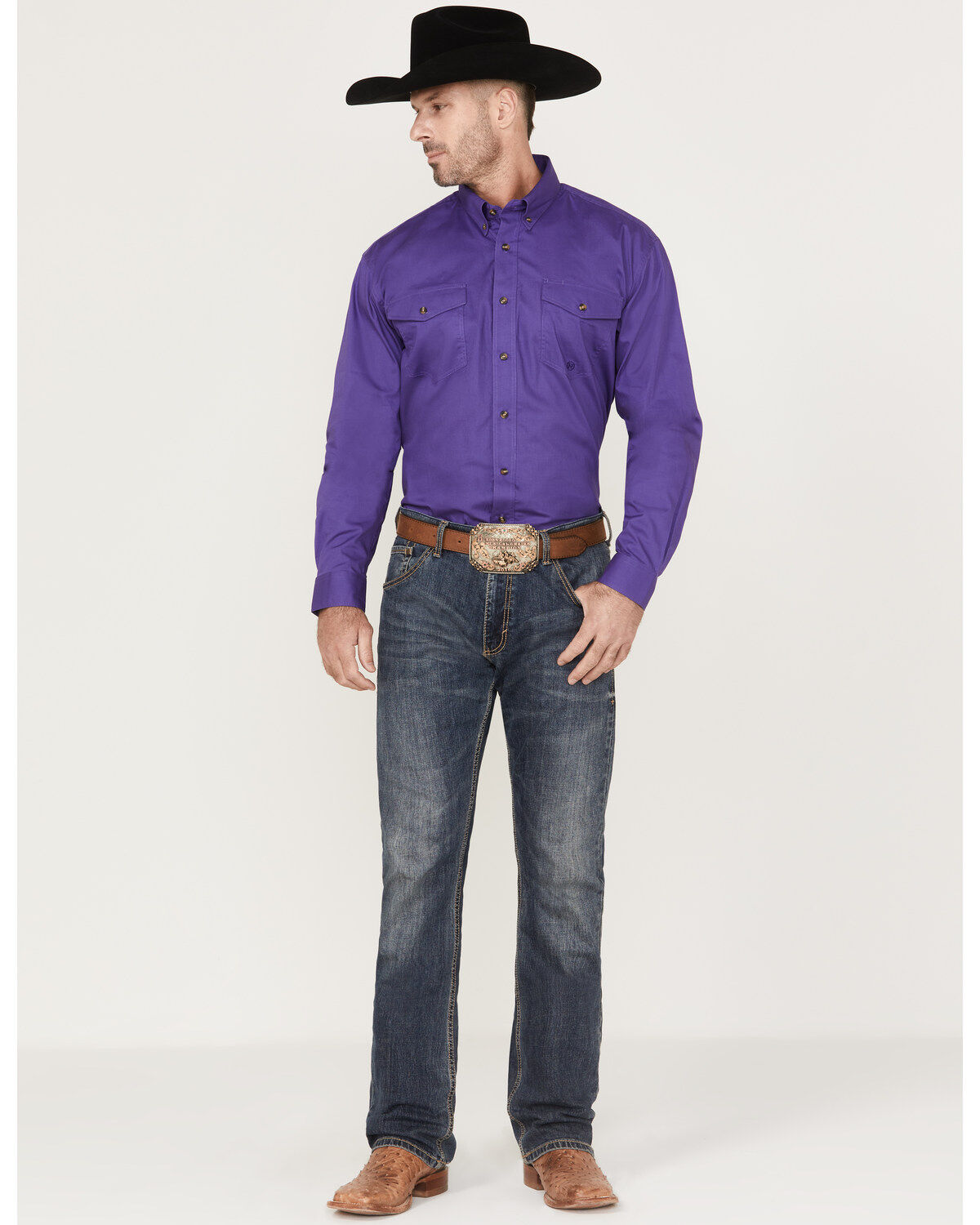 Image #2 - Roper Men's Solid Amarillo Collection Long Sleeve Button-Down Western Shirt, Purple, hi-res