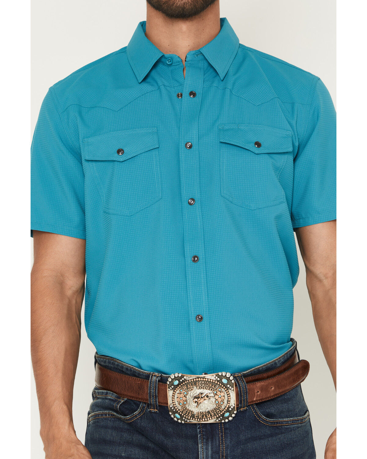 Image #3 - RANK 45&reg; Men's Ridge Solid Short Sleeve Snap Performance Shirt, Teal, hi-res