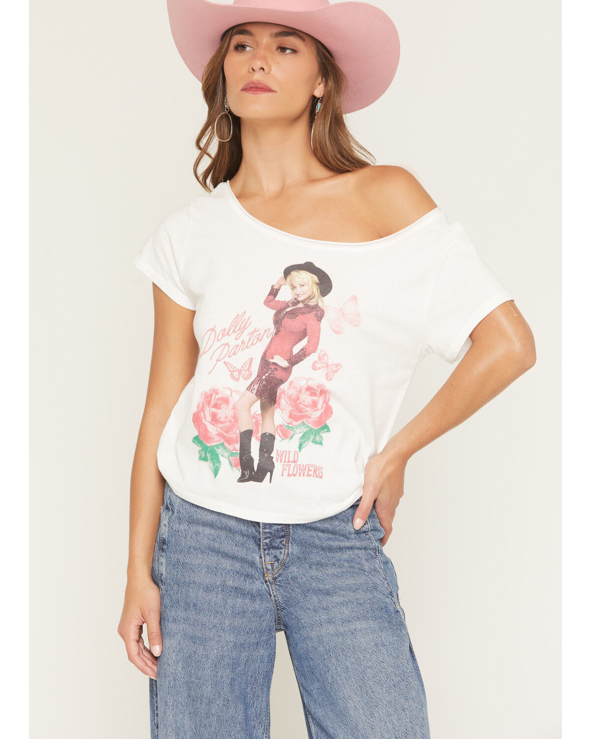 Image #1 - Goodie Two Sleeves Women's Dolly Rose Off The Shoulder Short Sleeve Tee, White, hi-res