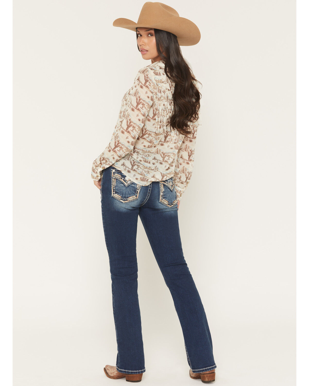 Image #1 - Miss Me Women's Medium Wash Mid Rise Border Pocket 34" Bootcut Stretch Denim Jeans, Medium Wash, hi-res