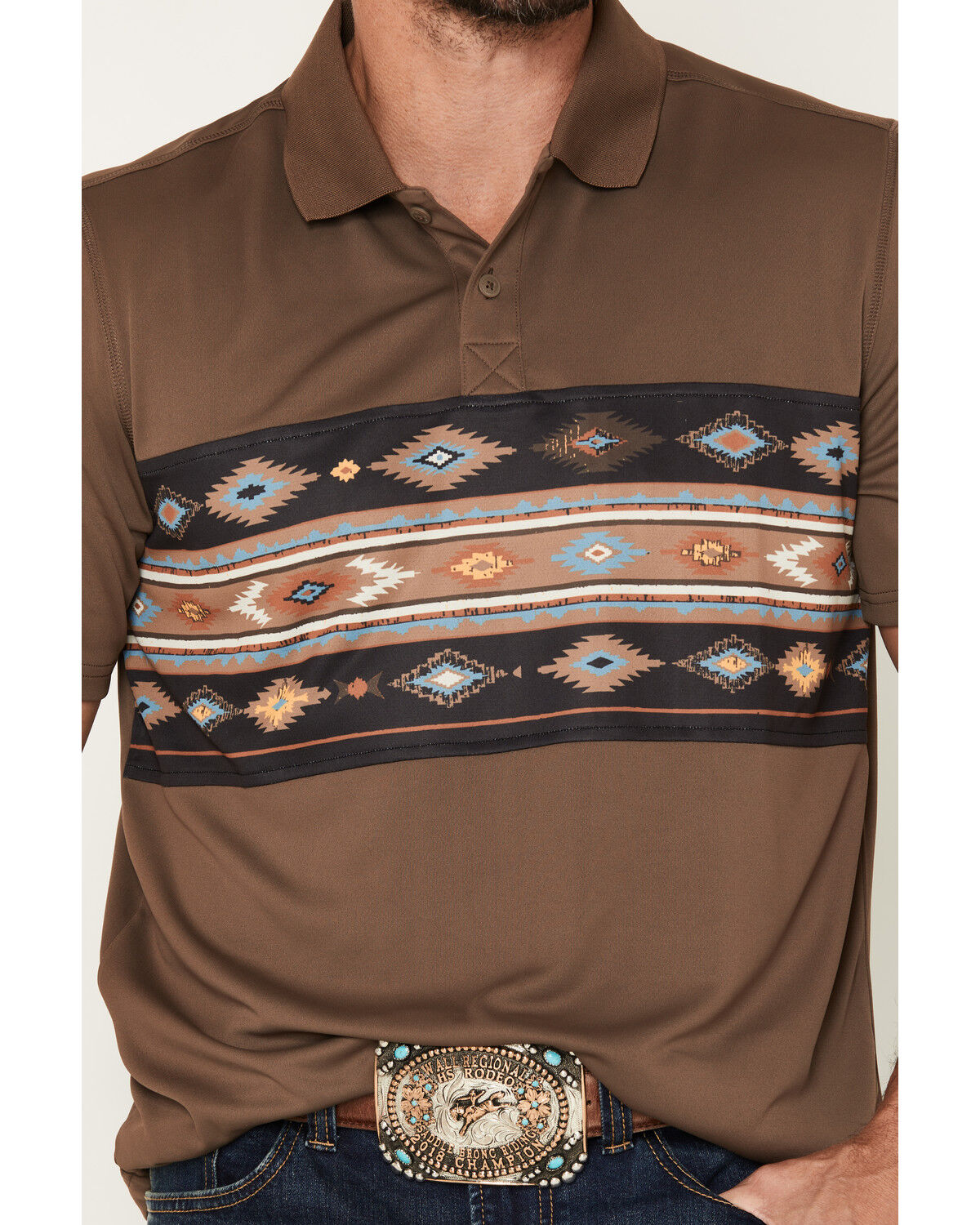 Image #3 - RANK 45&reg; Men's Sierra Noble Border Print Short Sleeve Button-Down Polo, Brown, hi-res