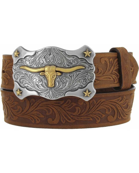 Image #1 - Tony Lama Kid's Leather Floral and Long Horn Belt, Brown, hi-res