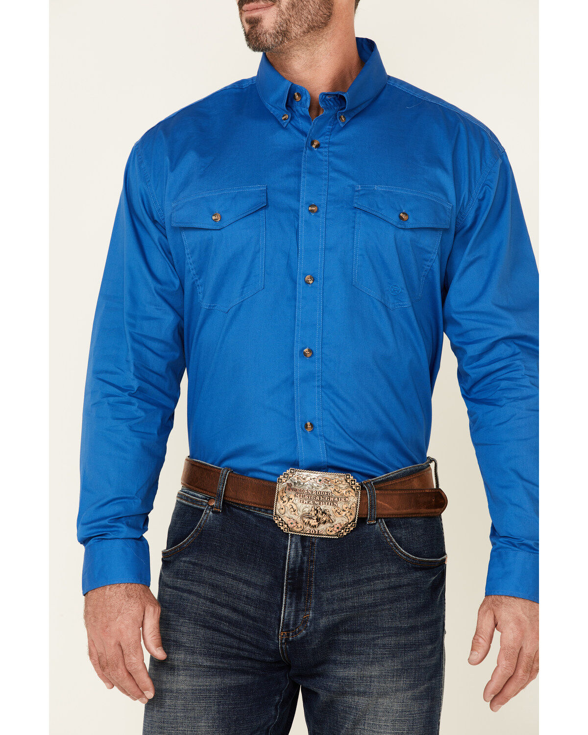 Image #3 - Roper Men's Solid Amarillo Collection Long Sleeve Button-Down Western Shirt, Royal, hi-res
