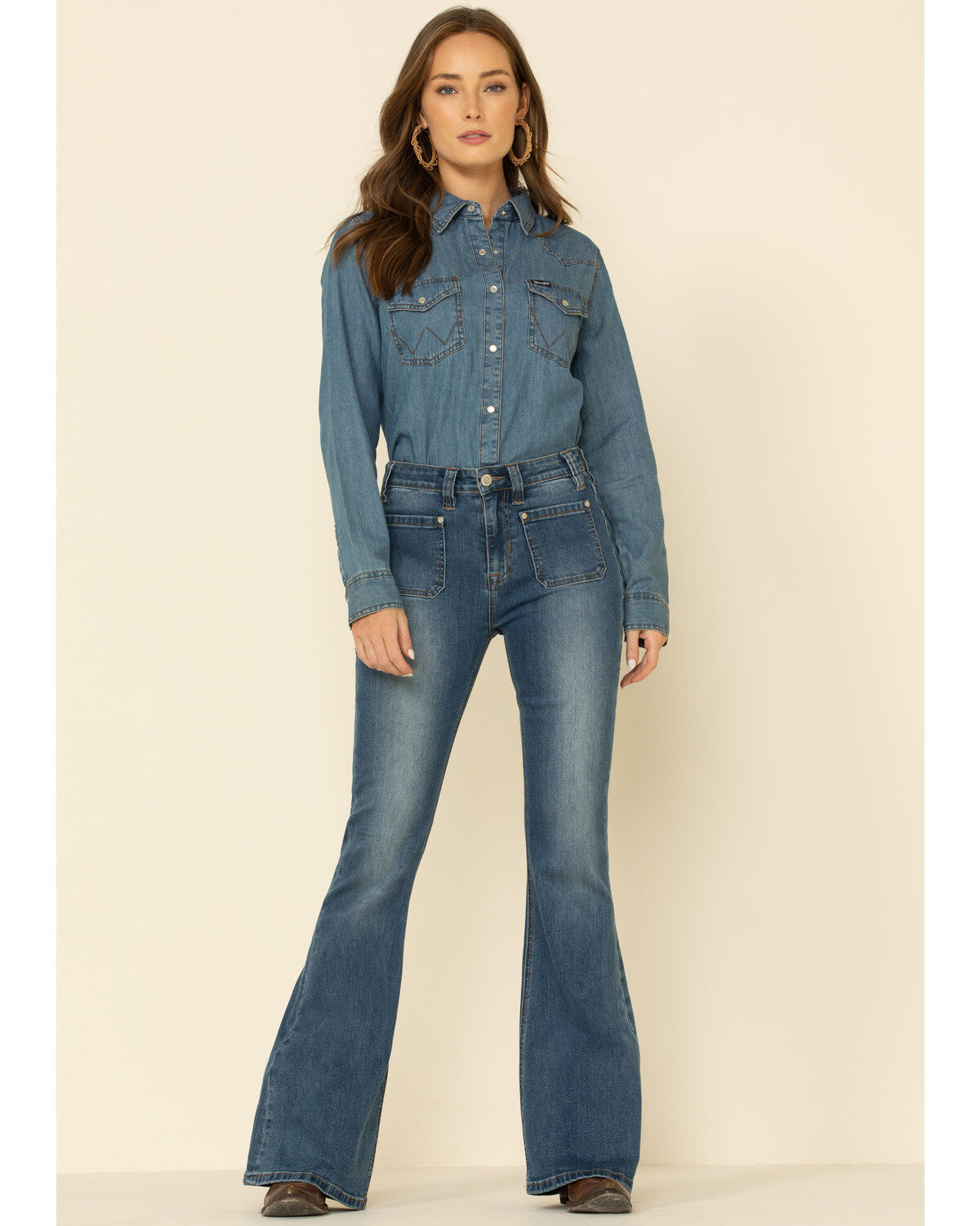 Image #2 - Wrangler Women's Medium Denim Snap Long Sleeve Western Shirt, Blue, hi-res