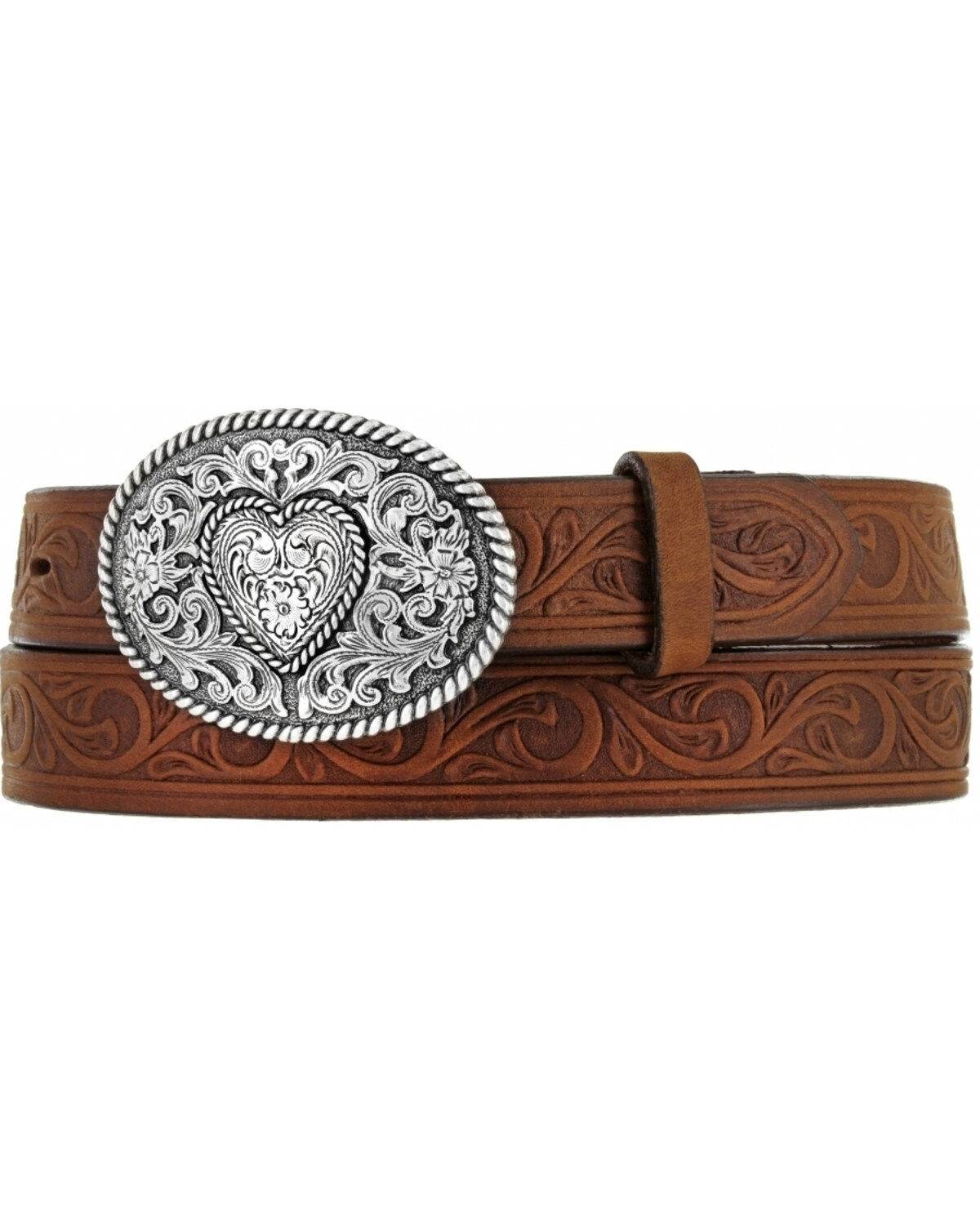 Image #1 - Justin Boots Girl's Western Scroll Heart Belt, Aged Bark, hi-res