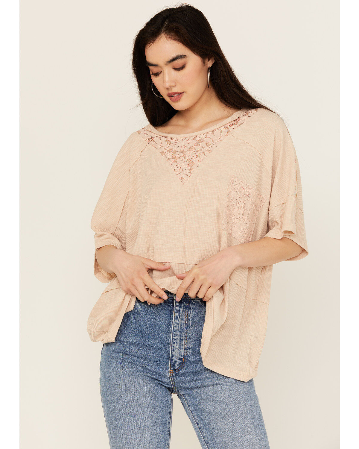 Image #1 - People of Leisure Women's Lace Short Sleeve Shirt, Pink, hi-res