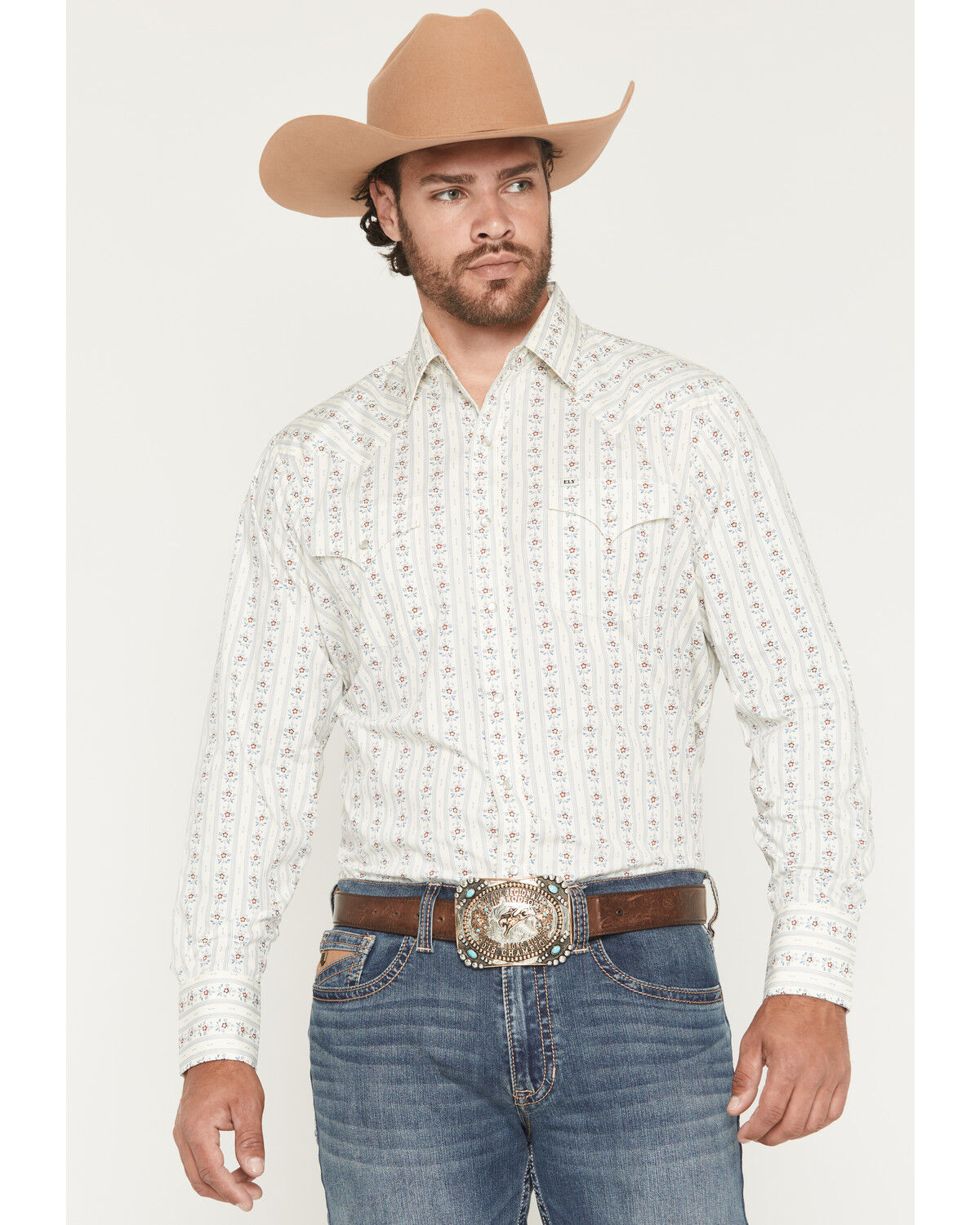 Image #1 - Ely Walker Men's Wallpaper Floral Stripe Print Long Sleeve Snap Western Shirt, Cream, hi-res