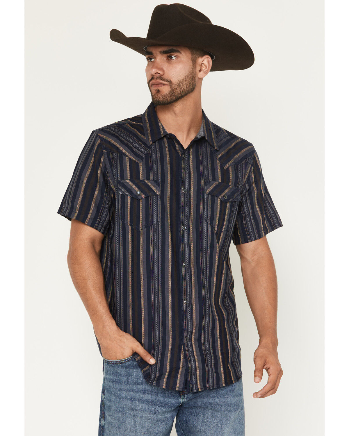 Cody James Men's Highland Rim Striped Print Short Sleeve Snap Western Shirt, Navy, hi-res