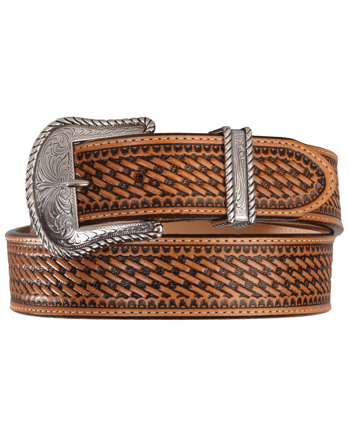 Image #1 - Justin Men's Bronco Basketweave Leather Belt, Tan, hi-res