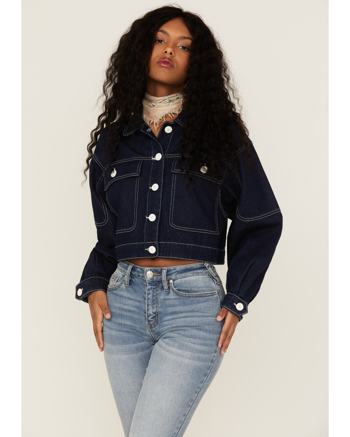 Image #1 - Unpublished Denim Women's Dark Wash Oversized Cropped Button Down Jacket, Blue, hi-res