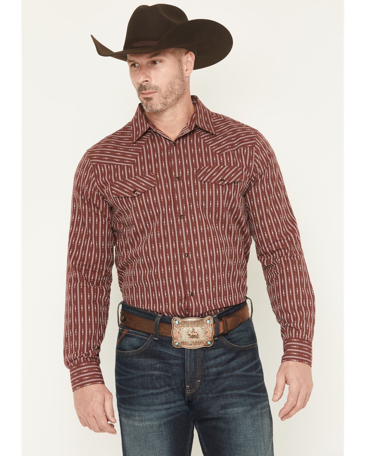 Image #1 - Gibson Trading Co Men's Buckshot Striped Print Long Sleeve Snap Stretch Western Shirt - Big, Burgundy, hi-res