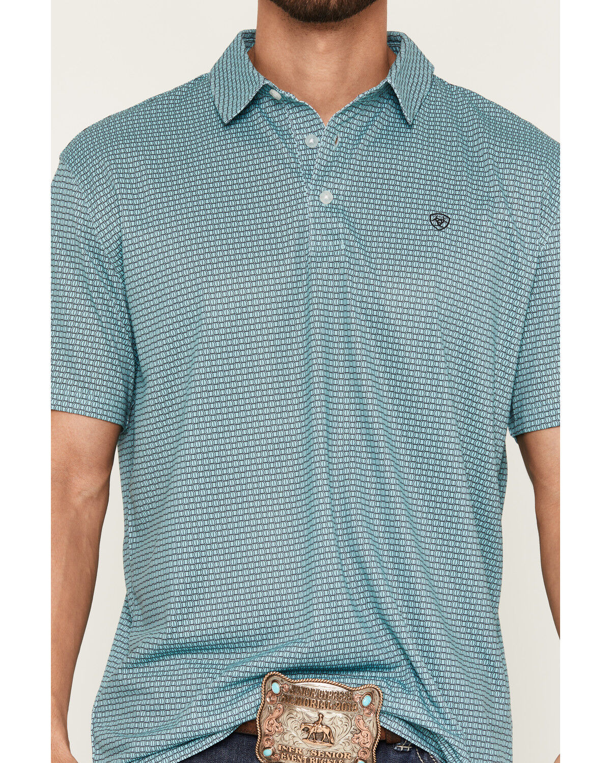 Image #3 - Ariat Men's All Over Print Classic Fit Short Sleeve Button-Down Polo Shirt, Teal, hi-res