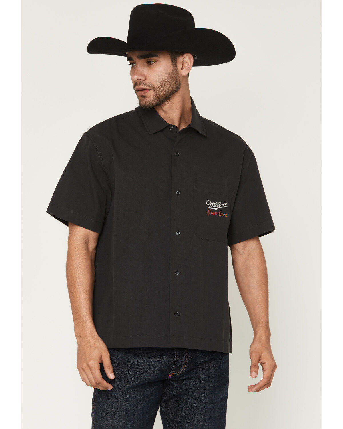 Image #2 - Miller Men's Boot Barn Exclusive Miller High Life Short Sleeve Button-Down Shirt, Black, hi-res