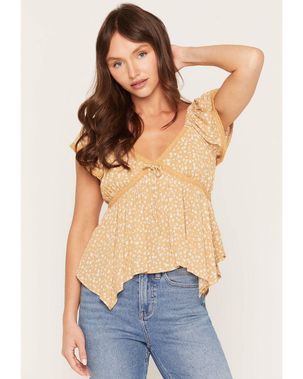 Wild Moss Women's Floral Print Hanky Hem Short Sleeve Top, Mustard, hi-res