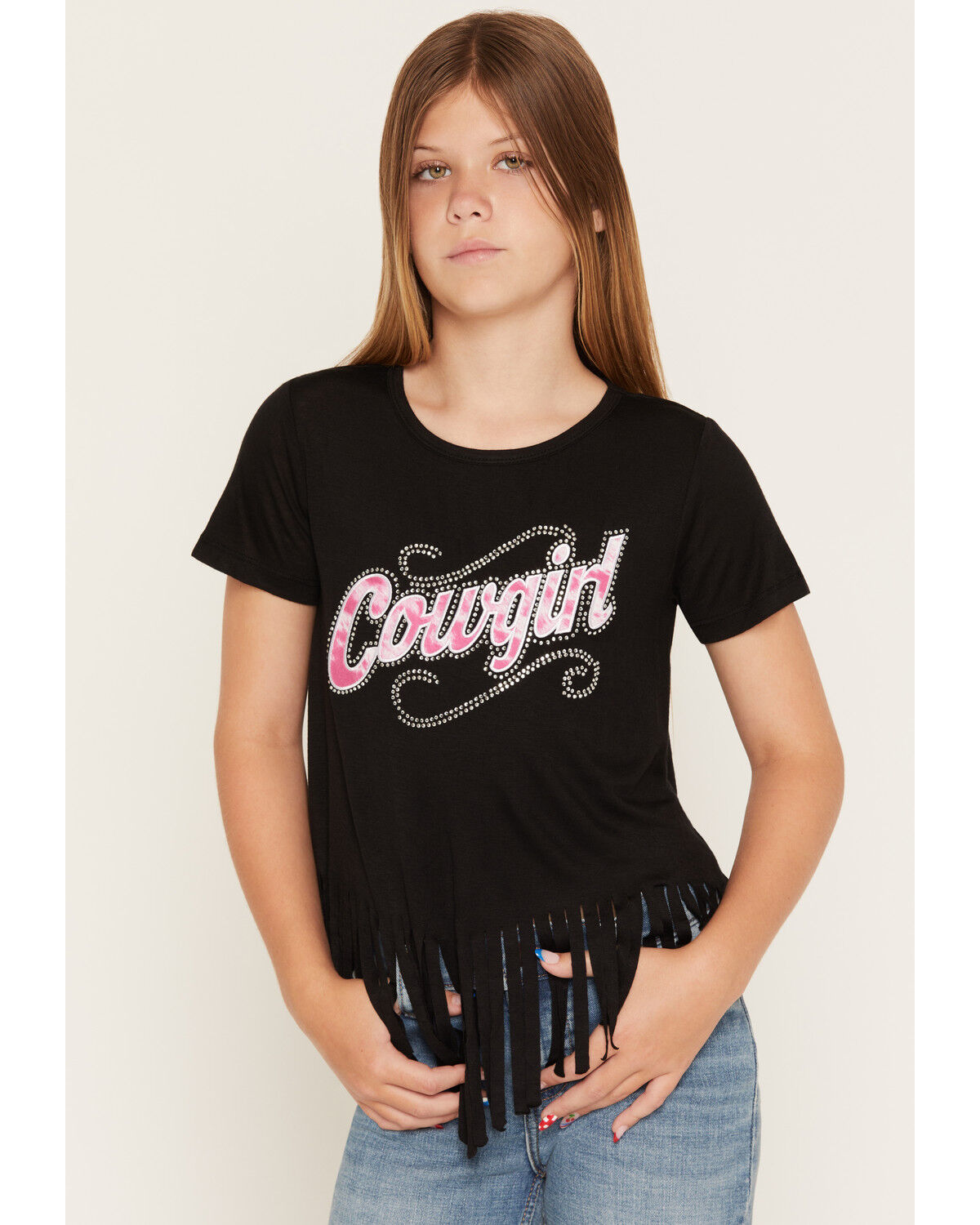 Image #1 - Cowgirl Hardware Girls' Sassy Cowgirl Embellished Fringe Short Sleeve Tee, Black, hi-res